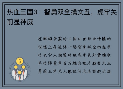 热血三国3：智勇双全擒文丑，虎牢关前显神威