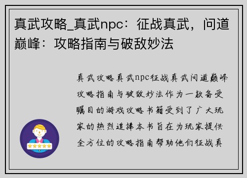 真武攻略_真武npc：征战真武，问道巅峰：攻略指南与破敌妙法